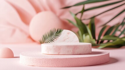 Pink marble podium, tropical leaf, product display, pastel background, advertising