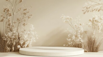 Beige podium, dried flowers, minimalist backdrop; product display