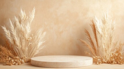 Beige round podium with pampas grass, minimalist backdrop. Product display, website design