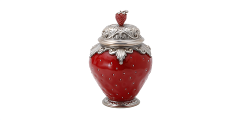 Exquisite strawberry-shaped decorative jar with ornate silver accents and a playful fruit finial, perfect for elegant home decor