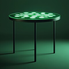 Illuminated round coffee table, modern design, green background, interior decor