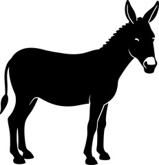 A solid black silhouette of a donkey in a standing position, facing to the right. The donkey has large, upright ears, a short mane, and a slightly curved tail. The style is minimalistic and clean, sui