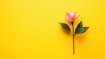 Pink flower stem, yellow background, minimal design, greeting card