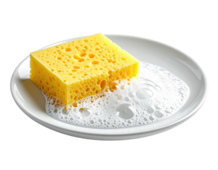 A yellow sponge on a white plate with suds