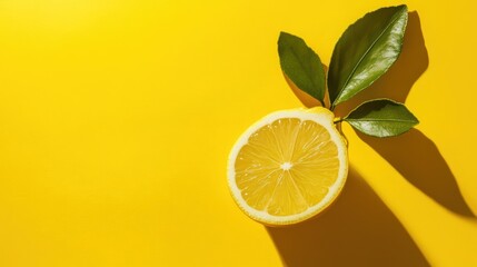 Halved lemon, leaves, yellow background, summer, food photography