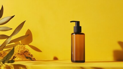Amber bottle, yellow background, floral decor, product display, cosmetic advertisement