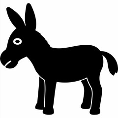 A solid black silhouette of a donkey in a standing position, facing to the right. The donkey has large, upright ears, a short mane, and a slightly curved tail. The style is minimalistic and clean, sui