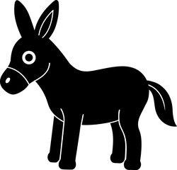 A solid black silhouette of a donkey in a standing position, facing to the right. The donkey has large, upright ears, a short mane, and a slightly curved tail. The style is minimalistic and clean, sui