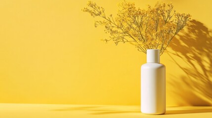 Yellow background, white bottle, yellow flowers, sunlight shadow, product display