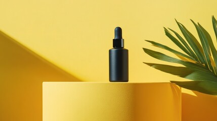 Black serum bottle on yellow platform, tropical leaf backdrop, product photography, beauty