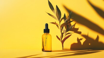 Amber bottle, skincare serum, yellow background, plant shadow, beauty product