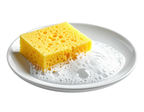 A yellow sponge on a white plate with suds