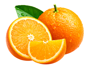 A whole orange fruit with half slices, and fresh green leaves with water drops. Isolated on a transparent background, png