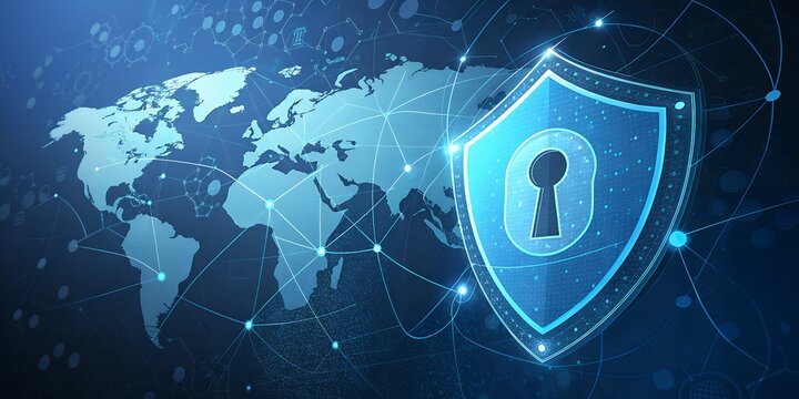 Global cyber security shield protecting world map data