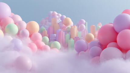 Pastel balloon city dreamy landscape illustration for wallpaper and background design concept art render