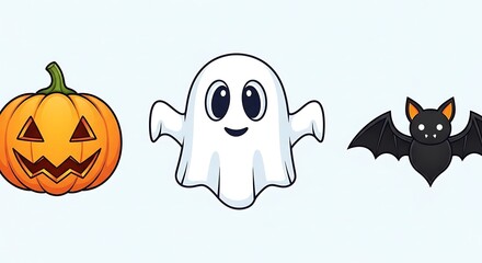 Obraz premium Halloween Cartoon Trio Pumpkin Ghost and Bat on Light Blue Background.