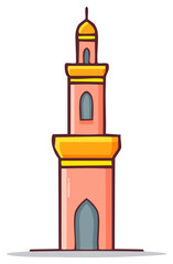 Obraz premium Cartoon illustration of a traditional pink and gold Islamic mosque minaret tower