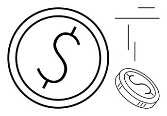 Large circular coin with a dollar sign, a smaller tilted coin, and three simple lines. Ideal for finance, savings, investments, transactions, commerce economics and banking. Simple flat metaphor
