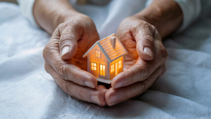 Elderly hands carefully holding glowing miniature house on soft white fabric background indoors