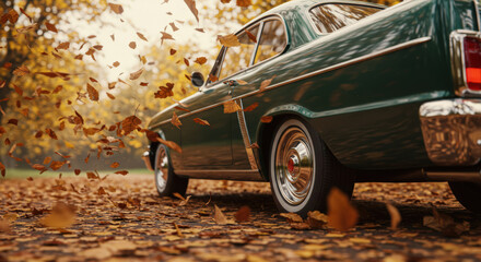 A fictional vintage car drives along an autumn road, causing autumn leaves to fly.