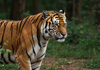 Fototapeta premium A majestic tiger with orange and black stripes walking through a lush green forest environment.