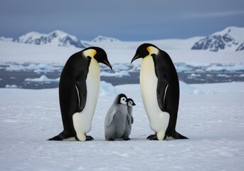 Fototapeta premium Emperor Penguin Family on Snow