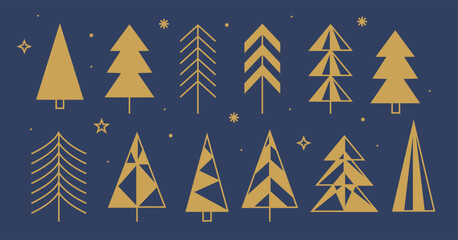 Obraz premium Set of abstract minimalist Christmas trees in flat and line style. Golden geometric minimalist elements and icons. Outline geometric Xmas symbols.