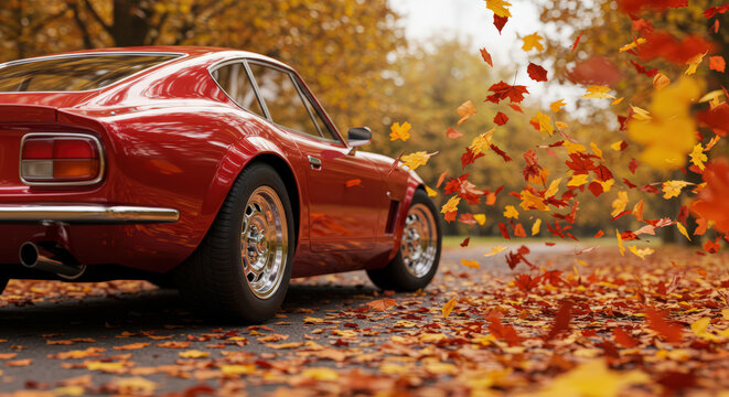Fototapeta A fictional vintage car drives along an autumn road, causing autumn leaves to fly.
