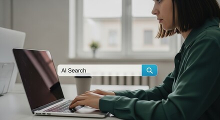 A focused young woman works on her laptop with an AI Search bar overlay symbolizing the integration of artificial intelligence into everyday tasks and online information retrieval.