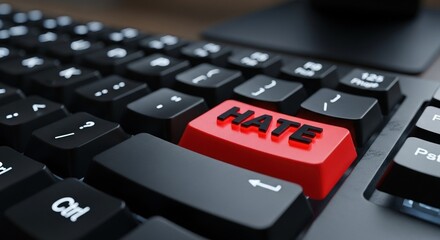 A close-up of a keyboard with a prominent red "HATE" key symbolizing negative emotions online hate speech and the dark side of internet communication and social media.