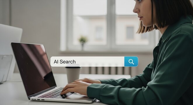A focused young woman works on her laptop with an AI Search bar overlay symbolizing the integration of artificial intelligence into everyday tasks and online information retrieval.