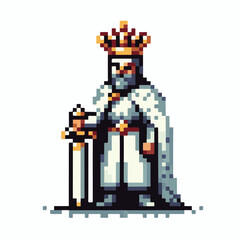 Pixel Art King with Sword and Crown Retro Game Character