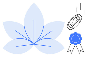 Minimalist flower petals with growth lines, blue award ribbon, and falling coin. Ideal for success, achievement, growth, reward, value, recognition financial success simple flat metaphor