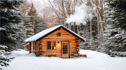 Snowy log cabin nestled in winter forest, smoke rising from chimney, surrounded by pine trees and peaceful nature, cozy and tranquil atmosphere