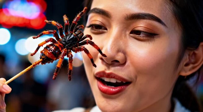 Mujer comiendo brocheta de tarántula