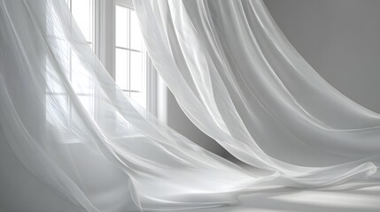 Light transparent curtains gently flowing by window breeze