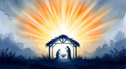 Silhouettes of mary joseph and baby jesus in nativity stable under radiant heavenly light