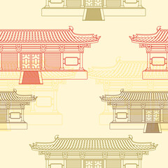 Editable Outline Style Wide Traditional Chinese Building Vector Illustration in Various Colors as Seamless Pattern for Creating Background of Oriental History and Culture Related Design
