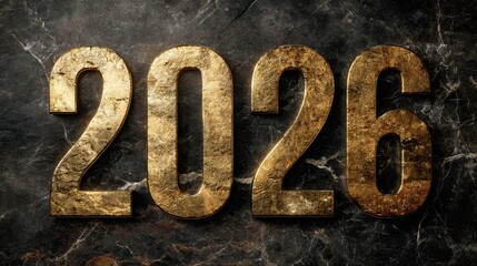 Golden Numbers Representing the Year 2026 on a Dark Marble Background with Elegant Texture and Shine, Perfect for Celebrations and Events Themes
