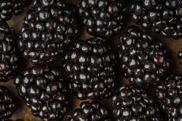 Background with black ripe blackberries on the dark background. Shot from above.