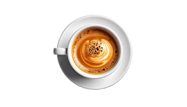 Overhead view of a white coffee cup with latte art