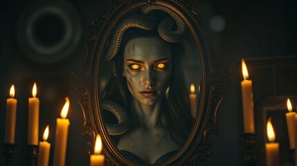 Reflection of Gorgon Medusa in cracked mirror with candles at moment of turning to stone, symbolic illustration of Greek myth "Medusa the Gorgon"