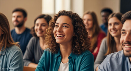 Close-up of a young woman smiling among a diverse group, showcasing happiness and positive interaction, representative of community and togetherness