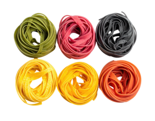 Colorful pasta spirals arranged in a symmetrical pattern
