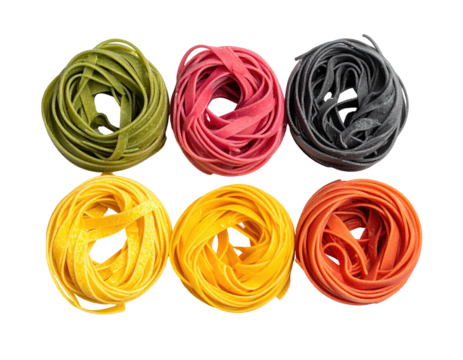 Colorful pasta spirals arranged in a symmetrical pattern
