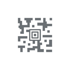 Gray Pixelated QR Code Symbol on White Background Featuring Central Square and Abstract Data Pattern