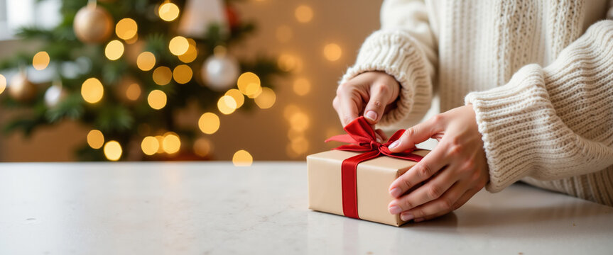 Close-up person wrapping Christmas gift with red ribbon in cozy setting  