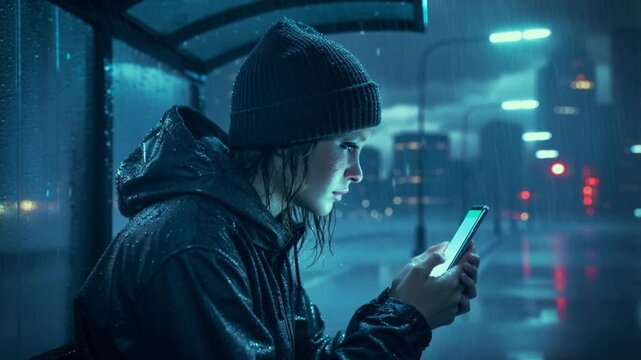 Una mujer sentada en una marquesina de autobús, sosteniendo un teléfono en una noche lluviosa