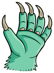 A stylized illustration of a green monster's hand with sharp claws extended, depicted in a cartoonish style.