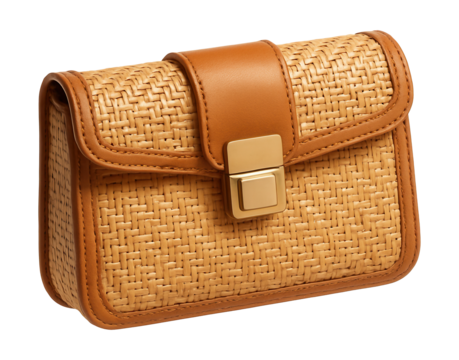 Handcrafted rattan clutch featuring leather accents and a magnetic clasp.